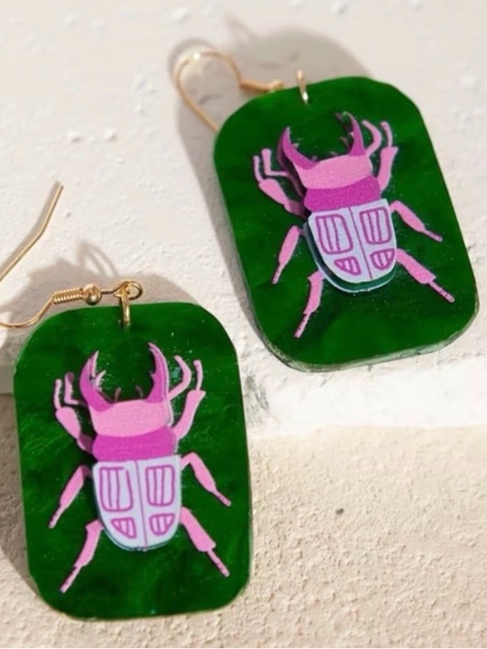 Modcloth Green Earrings with Pink Beetle Motif
